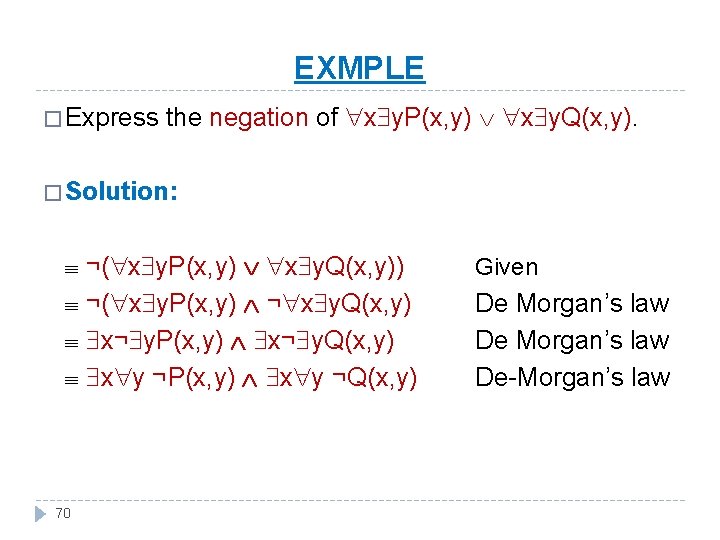 EXMPLE � Express the negation of x y. P(x, y) x y. Q(x, y).