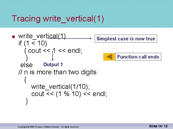 Tracing write_vertical(1) n write_vertical(1) Simplest case is now true if (1 < 10) {