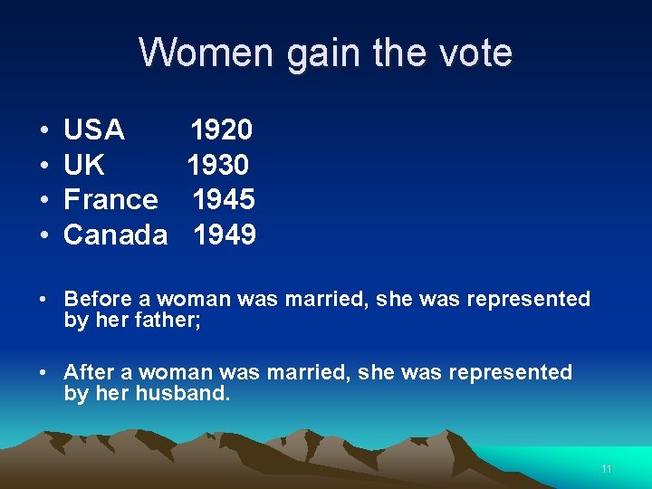 Women gain the vote • • USA UK France Canada 1920 1930 1945 1949