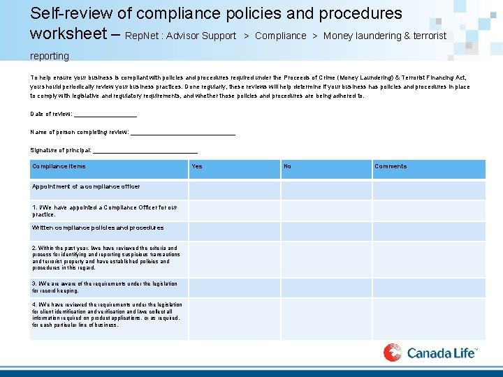 Self-review of compliance policies and procedures worksheet – Rep. Net : Advisor Support >