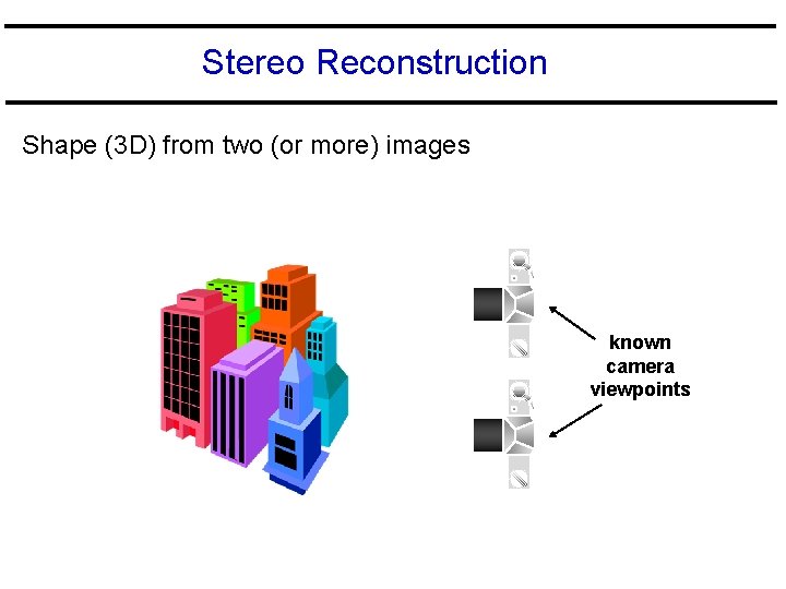 Stereo Reconstruction Shape (3 D) from two (or more) images known camera viewpoints 