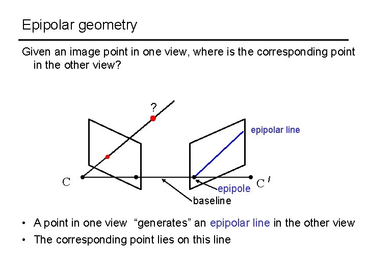 Epipolar geometry Given an image point in one view, where is the corresponding point
