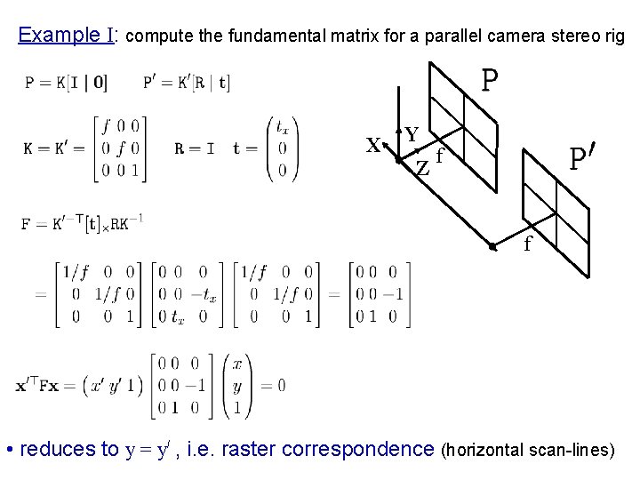Example I: compute the fundamental matrix for a parallel camera stereo rig X Y