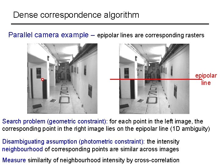 Dense correspondence algorithm Parallel camera example – epipolar lines are corresponding rasters epipolar line