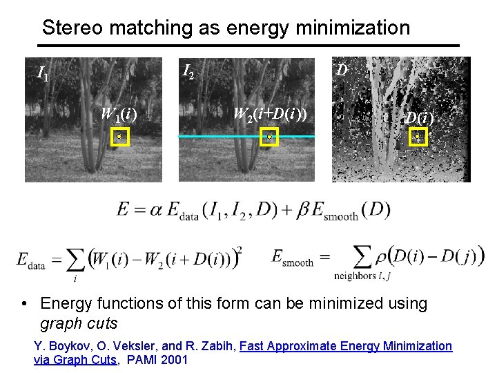 Stereo matching as energy minimization I 2 I 1 W 1(i ) D W