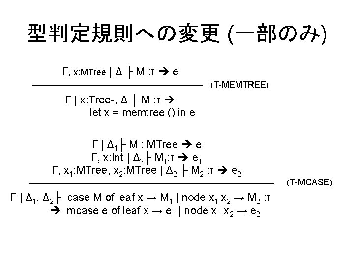 型判定規則への変更 (一部のみ) Γ, x: MTree | Δ ├ M : τ e (T-MEMTREE) Γ