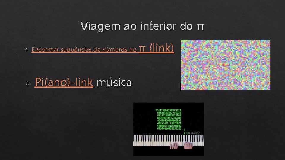 Viagem ao interior do π Encontrar sequências de números no Pi(ano)-link música π (link)