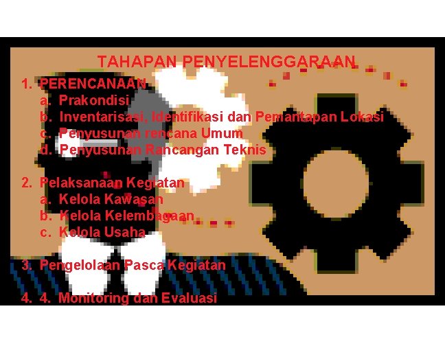 TAHAPAN PENYELENGGARAAN 1. PERENCANAAN a. Prakondisi b. Inventarisasi, Identifikasi dan Pemantapan Lokasi c. Penyusunan