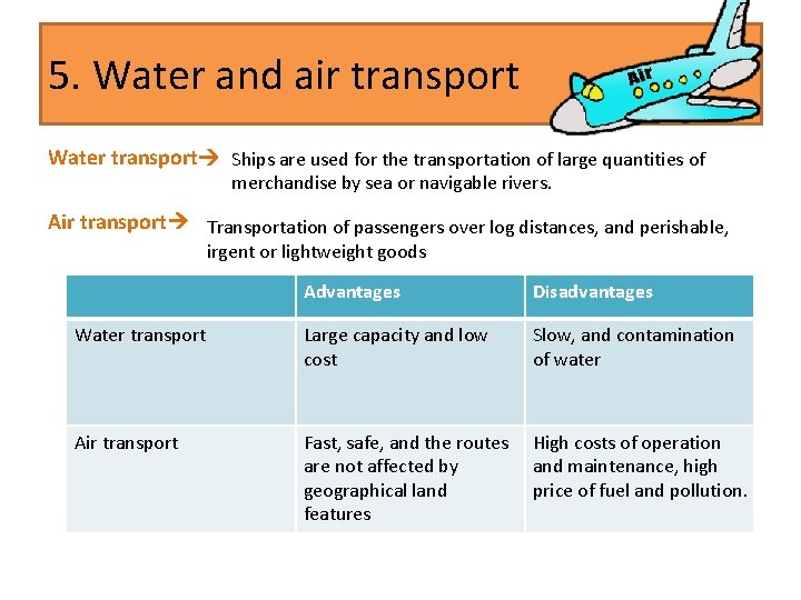 5. Water and air transport Water transport Ships are used for the transportation of