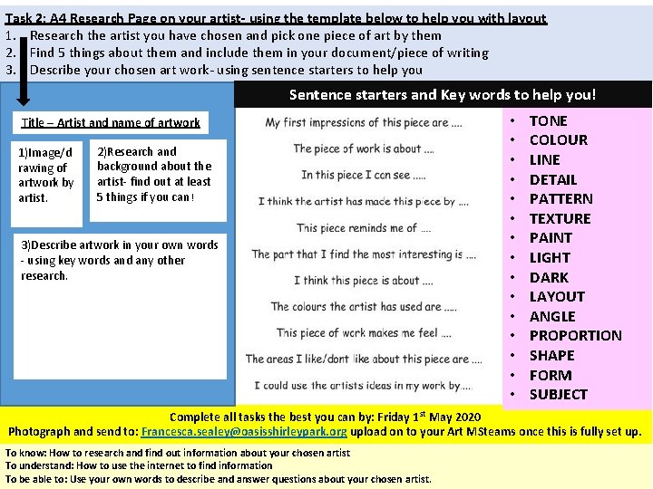 Task 2: A 4 Research Page on your artist- using the template below to