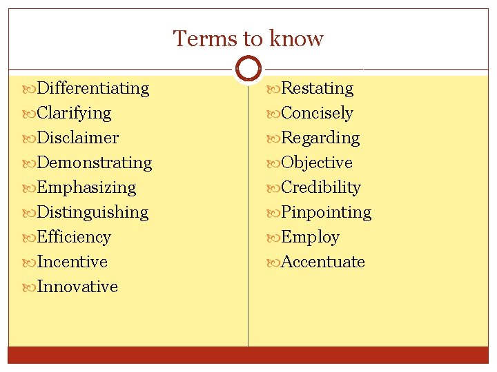 Terms to know Differentiating Restating Clarifying Concisely Disclaimer Regarding Demonstrating Objective Emphasizing Credibility Distinguishing