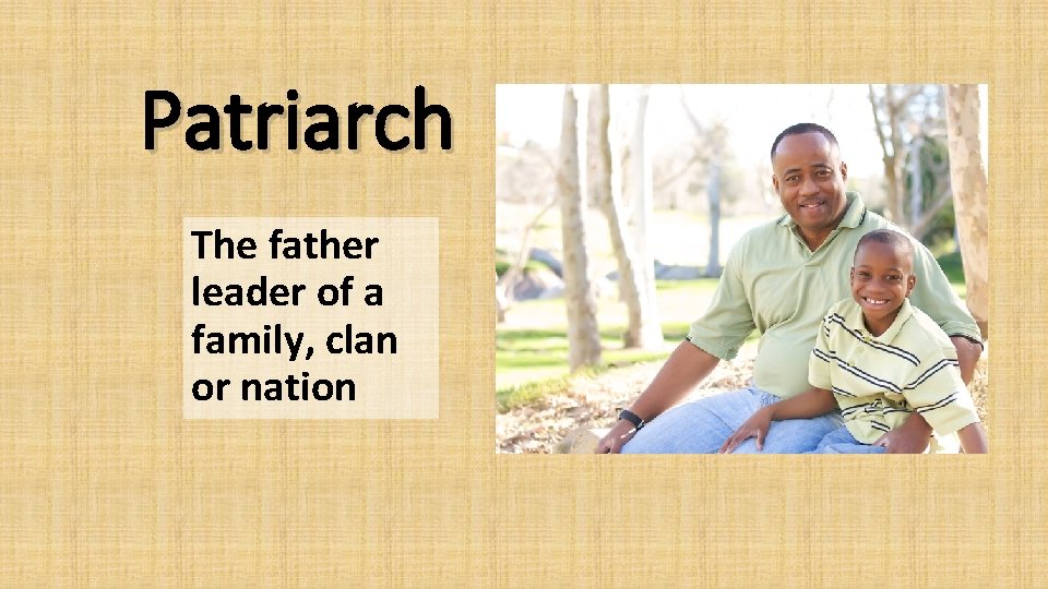 Patriarch The father leader of a family, clan or nation 
