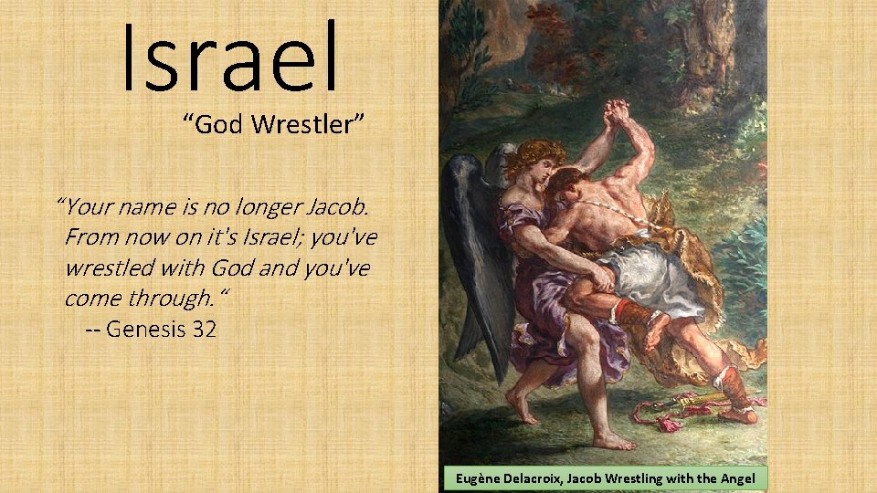 Israel “God Wrestler” “Your name is no longer Jacob. From now on it's Israel;