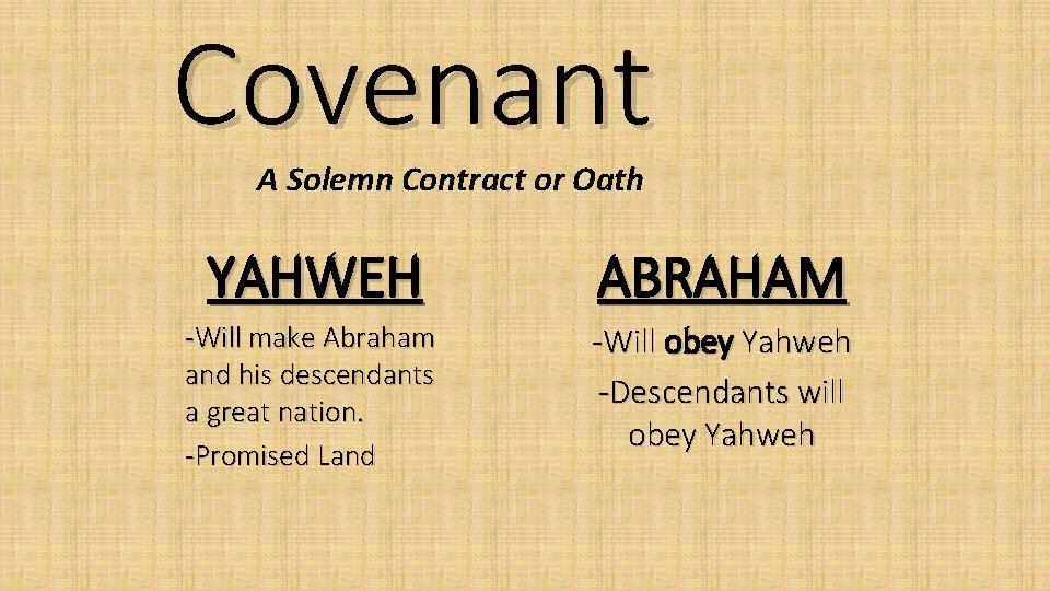 Covenant A Solemn Contract or Oath YAHWEH ABRAHAM -Will make Abraham and his descendants