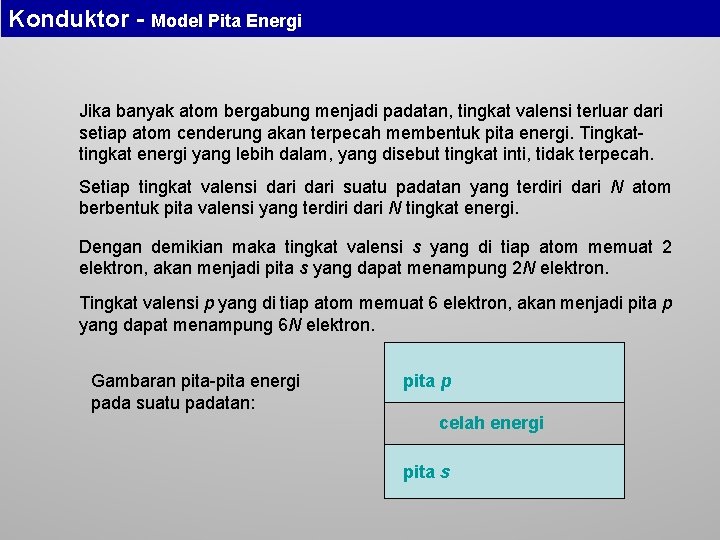 Konduktor - Model Pita Energi Jika banyak atom bergabung menjadi padatan, tingkat valensi terluar