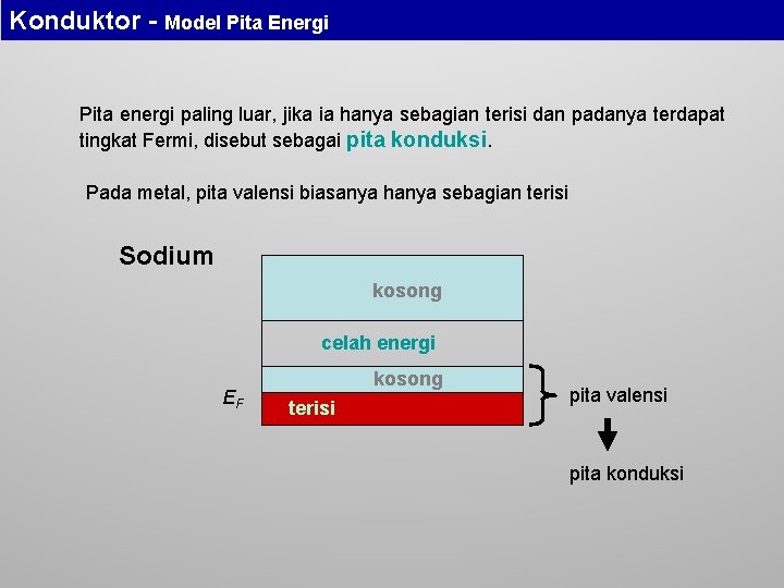 Konduktor - Model Pita Energi Pita energi paling luar, jika ia hanya sebagian terisi