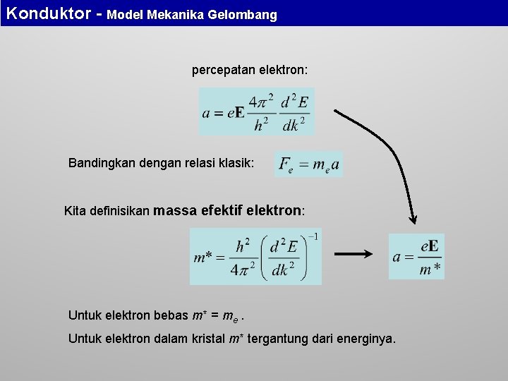 Konduktor - Model Mekanika Gelombang percepatan elektron: Bandingkan dengan relasi klasik: Kita definisikan massa