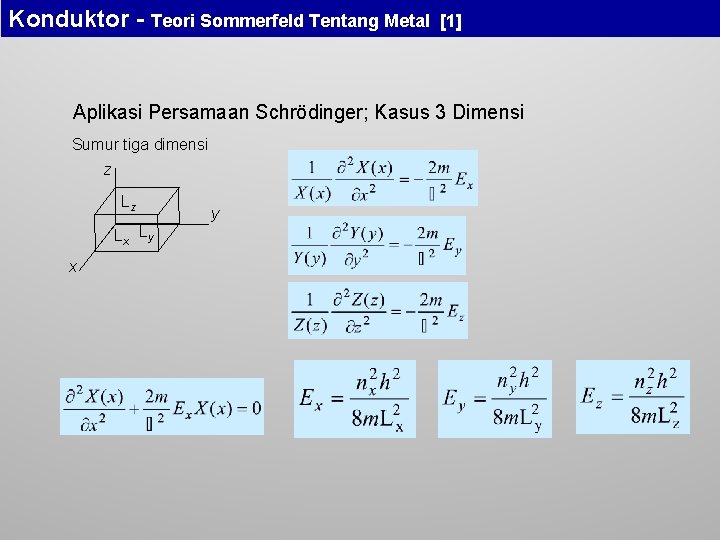 Konduktor - Teori Sommerfeld Tentang Metal [1] Aplikasi Persamaan Schrödinger; Kasus 3 Dimensi Sumur