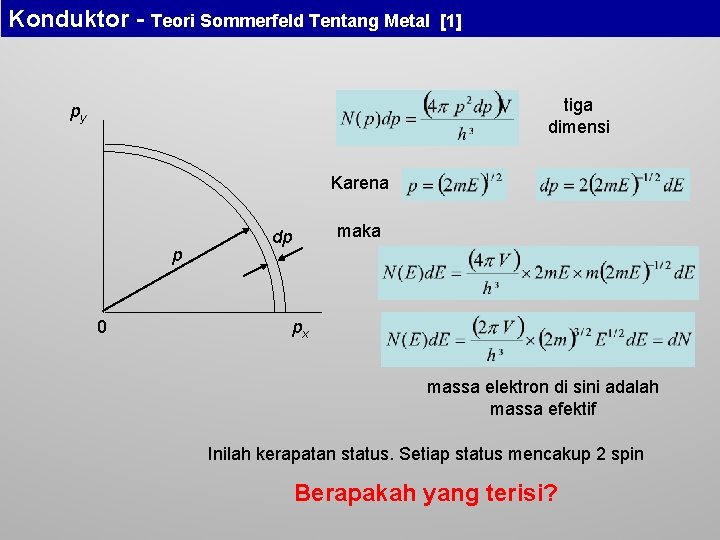 Konduktor - Teori Sommerfeld Tentang Metal [1] tiga dimensi py Karena p 0 maka