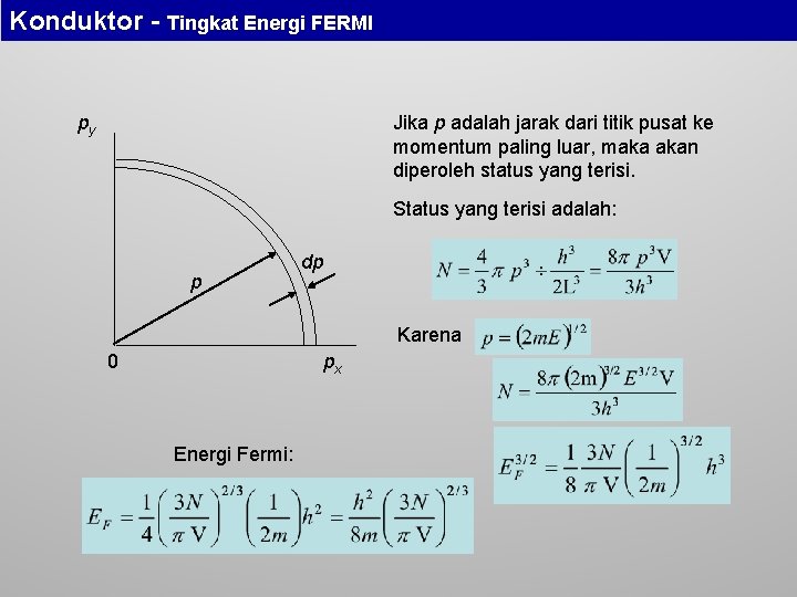 Konduktor - Tingkat Energi FERMI Jika p adalah jarak dari titik pusat ke momentum