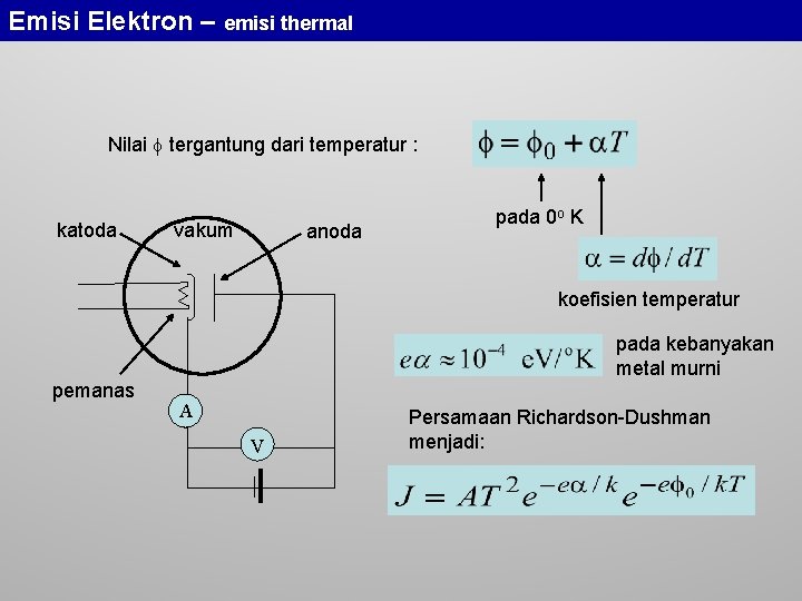 Emisi Elektron – emisi thermal Nilai tergantung dari temperatur : katoda vakum anoda pada