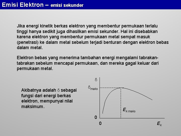 Emisi Elektron – emisi sekunder Jika energi kinetik berkas elektron yang membentur permukaan terlalu