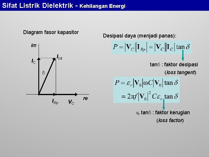 Sifat Listrik Dielektrik - Kehilangan Energi Diagram fasor kapasitor Desipasi daya (menjadi panas): im
