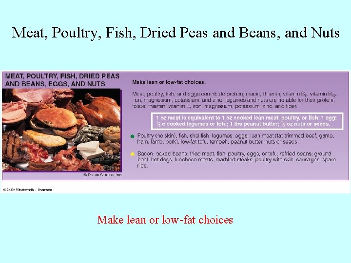 Meat, Poultry, Fish, Dried Peas and Beans, and Nuts Make lean or low-fat choices