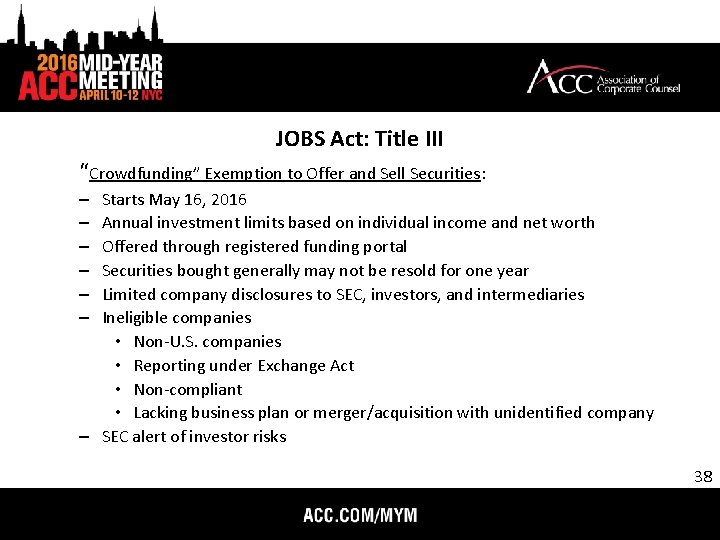 JOBS Act: Title III “Crowdfunding” Exemption to Offer and Sell Securities: Starts May 16,