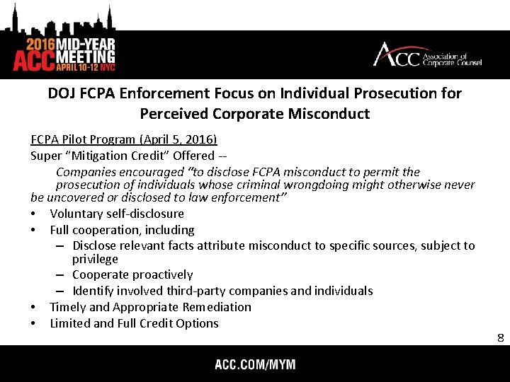 DOJ FCPA Enforcement Focus on Individual Prosecution for Perceived Corporate Misconduct FCPA Pilot Program