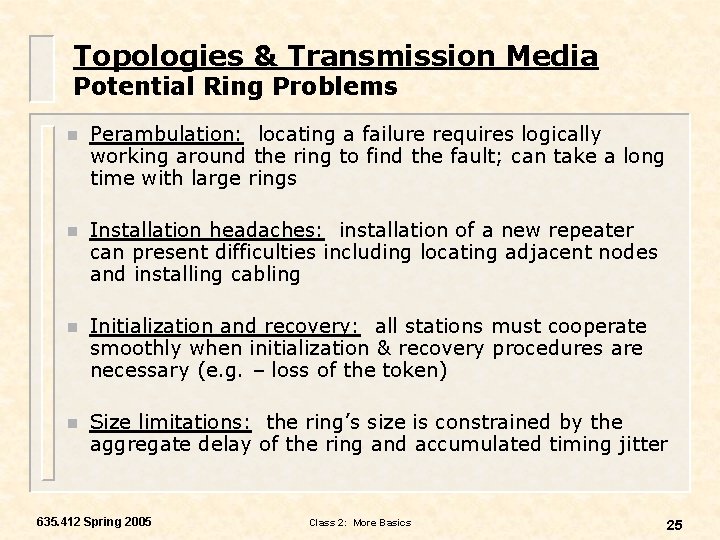Topologies & Transmission Media Potential Ring Problems n Perambulation: locating a failure requires logically