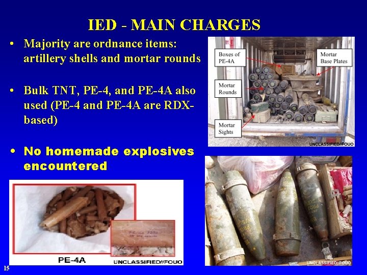 IED - MAIN CHARGES • Majority are ordnance items: artillery shells and mortar rounds