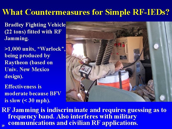 What Countermeasures for Simple RF-IEDs? Bradley Fighting Vehicle (22 tons) fitted with RF Jamming.