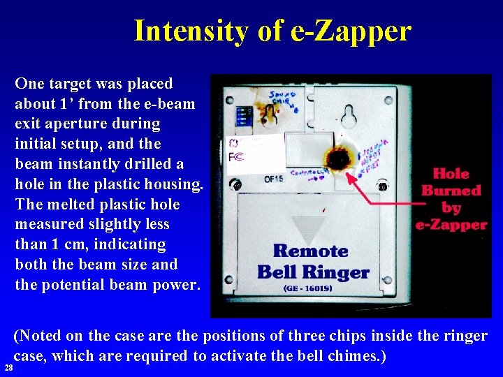 Intensity of e-Zapper One target was placed about 1’ from the e-beam exit aperture