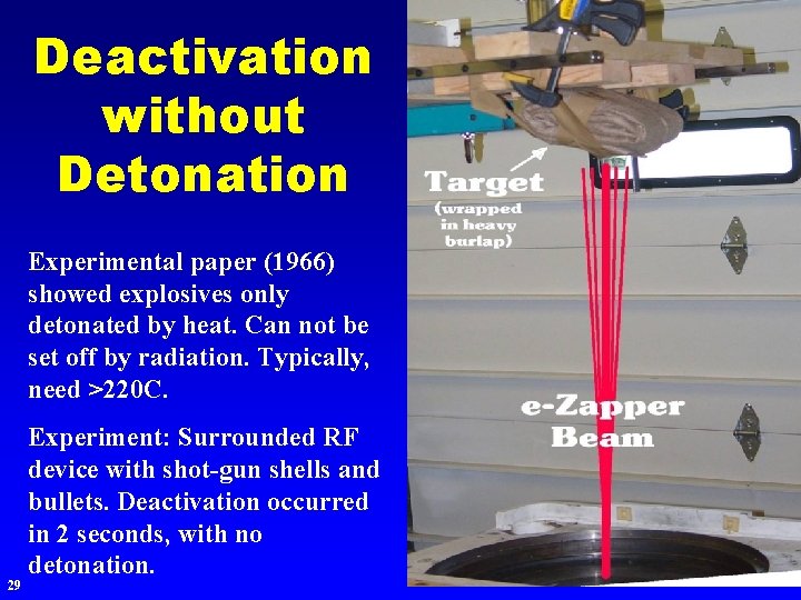 Deactivation without Detonation Experimental paper (1966) showed explosives only detonated by heat. Can not