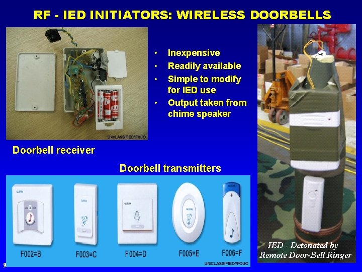 RF - IED INITIATORS: WIRELESS DOORBELLS • • Inexpensive Readily available Simple to modify