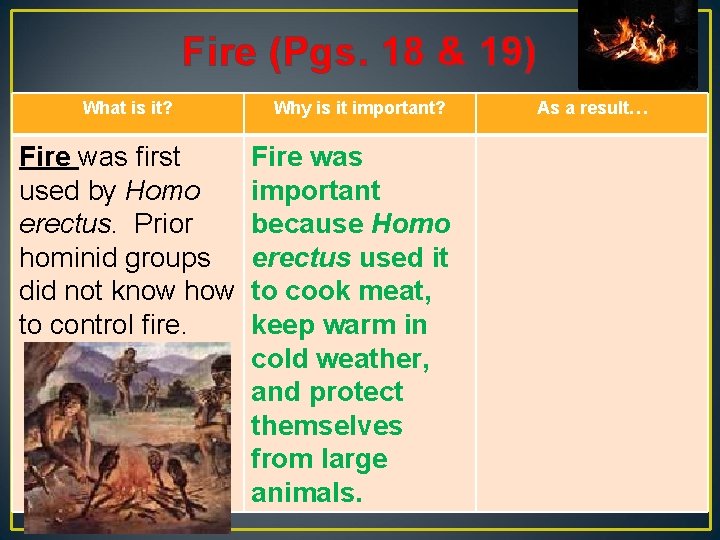 Fire (Pgs. 18 & 19) What is it? Fire was first used by Homo