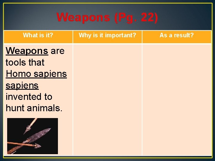 Weapons (Pg. 22) What is it? Weapons are tools that Homo sapiens invented to