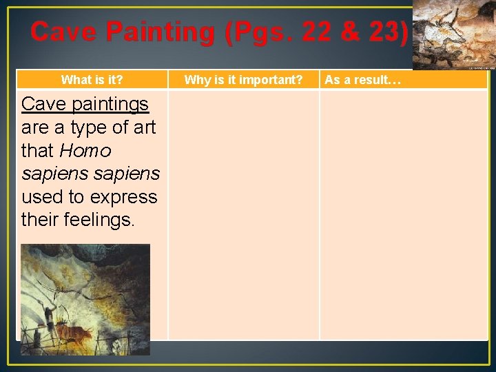 Cave Painting (Pgs. 22 & 23) What is it? Cave paintings are a type