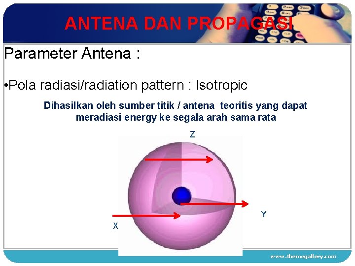ANTENA DAN PROPAGASI Parameter Antena : • Pola radiasi/radiation pattern : Isotropic 1 Dihasilkan