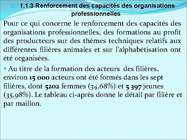  1. 1. 3 Renforcement des capacités des organisations professionnelles Pour ce qui concerne