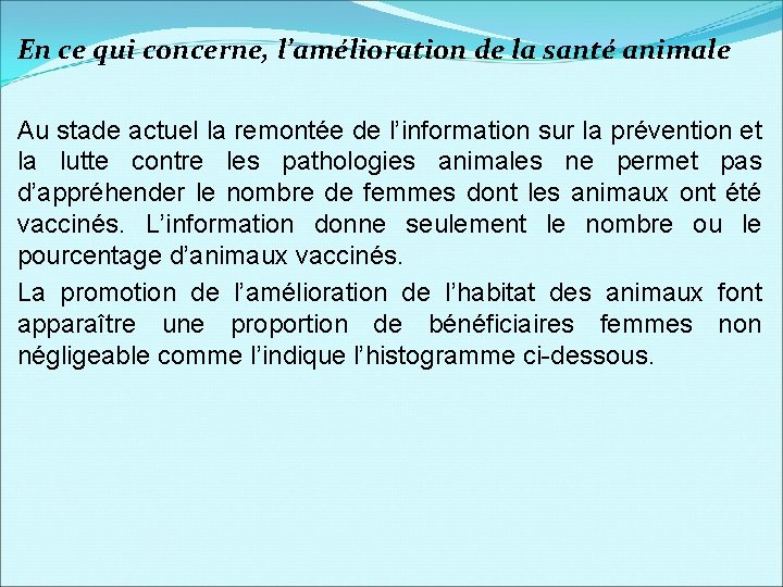 En ce qui concerne, l’amélioration de la santé animale Au stade actuel la remontée