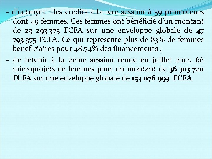 - d’octroyer des crédits à la 1ère session à 59 promoteurs dont 49 femmes.