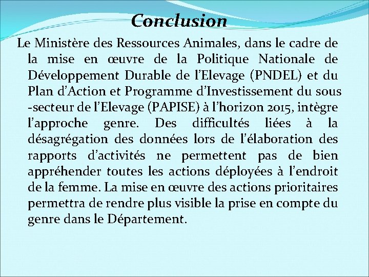 Conclusion Le Ministère des Ressources Animales, dans le cadre de la mise en œuvre