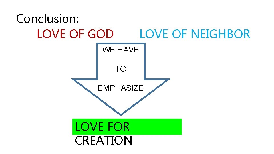 Conclusion: LOVE OF GOD LOVE OF NEIGHBOR WE HAVE TO EMPHASIZE LOVE FOR CREATION