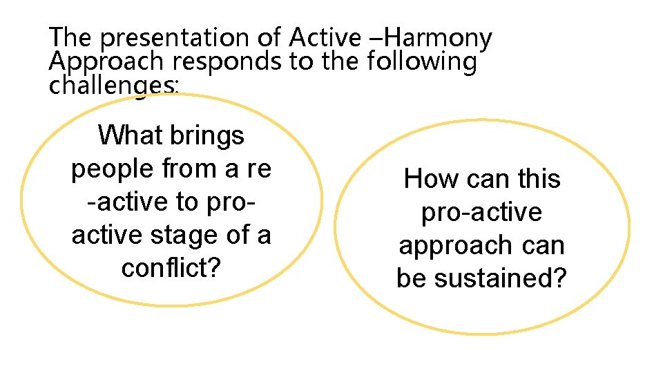 The presentation of Active –Harmony Approach responds to the following challenges: What brings people