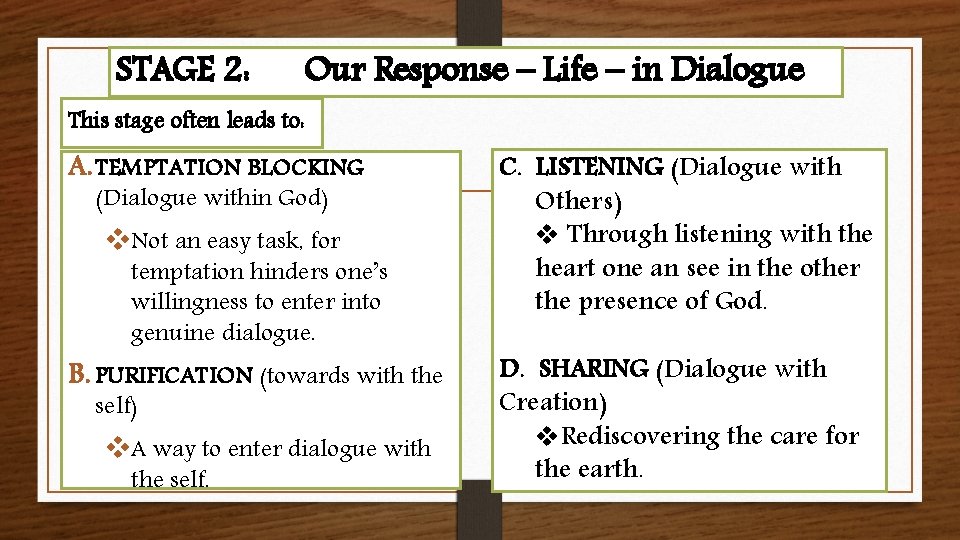 STAGE 2: Our Response – Life – in Dialogue This stage often leads to: