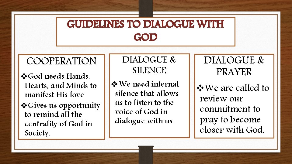 GUIDELINES TO DIALOGUE WITH GOD COOPERATION v. God needs Hands, Hearts, and Minds to