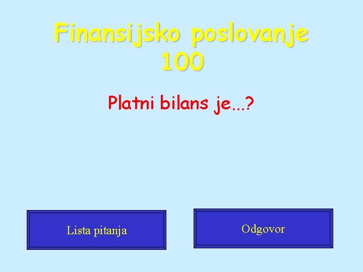 Finansijsko poslovanje 100 Platni bilans je. . . ? Lista pitanja Odgovor 