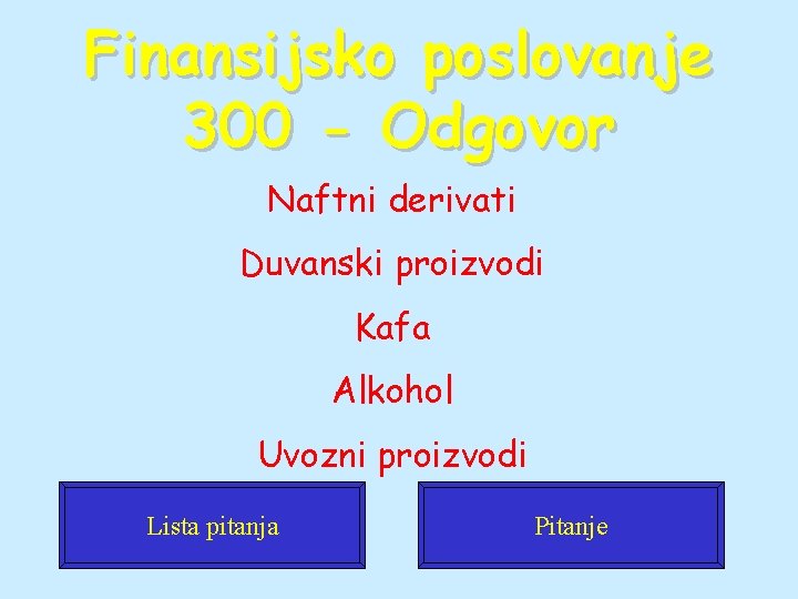 Finansijsko poslovanje 300 - Odgovor Naftni derivati Duvanski proizvodi Kafa Alkohol Uvozni proizvodi Lista